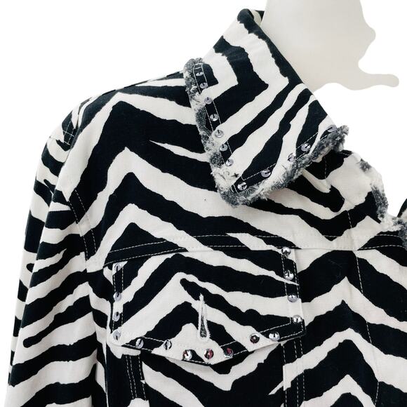 Laura Ashley Black & White Zebra Print Sequin Trim Raw Edge Jacket Women Sz 2X - Picture 5 of 11